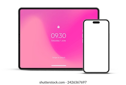 Modern tablet mockup front view and high quality smartphone and tablet mockup isolated on white background. Notebook mockup and phone device mockup for ui ux app and website presentation.Stock Vector.