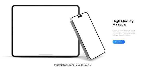 Modern tablet mockup front view and high quality smartphone and tablet mockup isolated on white background. Notebook mockup and phone device mockup for ui ux app and website presentation.Stock Vector.