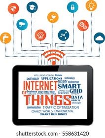 Modern Tablet PC with Cloud of relevant words illustrating Internet of Things with different icon and elements in background. Internet of things concept