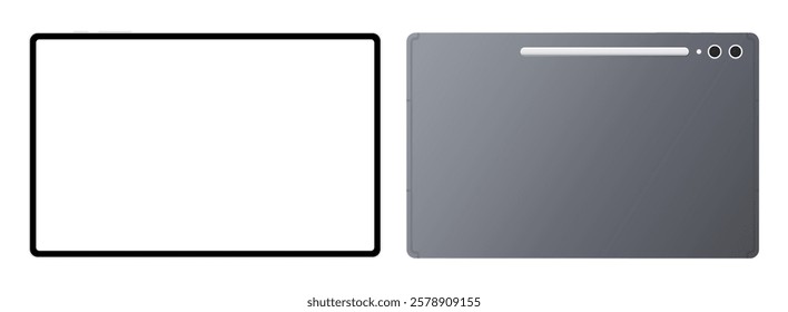 Modern tablet pc device front back mockup template. Realistic gray black frame computer pda blank display vector illustration