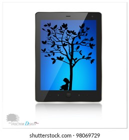A modern tablet pc with silhouette of children read a book under tree. Vector background. Vector illustration.
