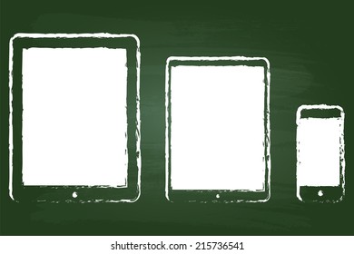 Modern Tablet And Smart Phone In iPad And iPhone Style Drawing On Green Blackboard