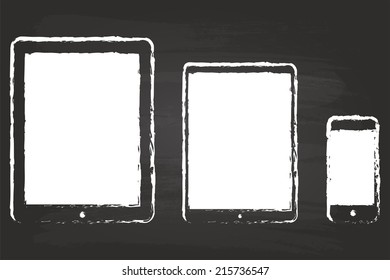 Modern Tablet And Smart Phone In iPad And iPhone Style Drawing On Black Blackboard