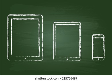 Modern Tablet And Smart Phone Similar To iPad And iPhone Drawing On Green Blackboard