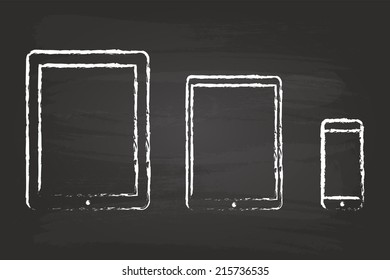 Modern Tablet And Smart Phone Similar To iPad And iPhone Drawing On Black Blackboard