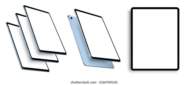 A modern tablet in various positions isolated on a white background. Layout, tablet template for your design or presentation. Front and side view, as well as in the air. Stock vector illustration