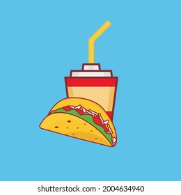 Modern Taco Patty Cheese Burger with cup drink clip art; Delicious Hamburger colorful illustration