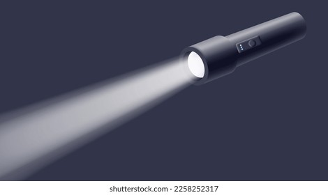 Modern tactical flashlight 3d, shines with a bright beam on a dark background. Diode charging lantern for design concepts.