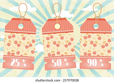 Modern tags with text on striped background with clouds and sun