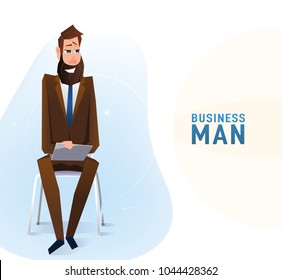 Modern tall business man in the office sitting on the chair holding on his knees digital laptop with copy space. Vector illustration