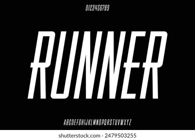 Modern tall sans serif alphabet display font vector. Runner sports typeface