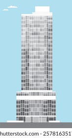 modern tall skyscraper skyline with grey color tone and windows on blue sky background and reflect mirror