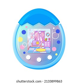 Modern tamagotchi vector illustration. Blue color. Cute Digital Tamagotchi icon.

