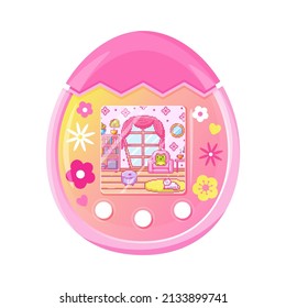 Modern tamagotchi vector illustration. Pink color. Cute Digital Tamagotchi icon.