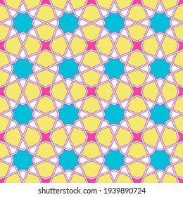 Modernes gezwirntes Gittermuster, inspiriert von der traditionellen arabischen Geometrie. Nahtlose Vektorhintergrundmuster. Helle, fette Neonfarben der 1980er Jahre - rosa, gelb, türkisblau
