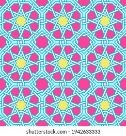 Modern Tangled Lattice Pattern inspired by traditional arabic geometry. Seamless vector background pattern. Bright bold neon 1980s colors - pink, yellow, cyan blue