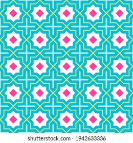 Patrón de Entramado Trasladado Moderno inspirado en la geometría árabe tradicional. Patrón de fondo vectorial sin cable. Brillantes colores de neón de los años 80 - rosa, amarillo, azul cian