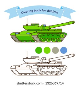 Modern tank military toy coloring book for children.Isolated on white background. Flat vector.Isolated on a white background.