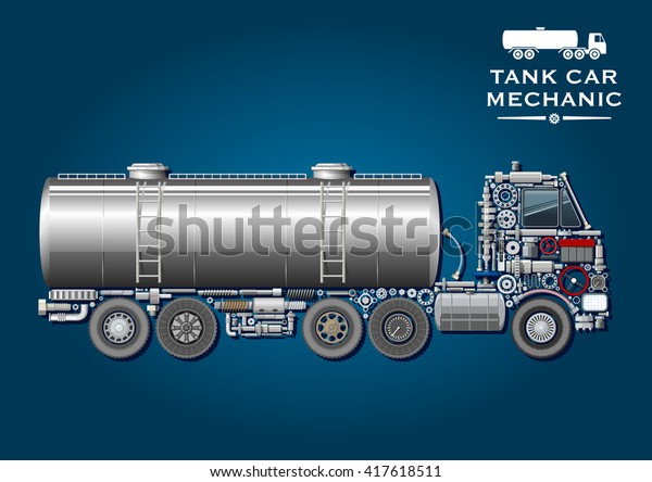 Modern tank truck composed of wheels,\
crankshaft, axles, transmission and suspension systems, ball\
bearings, fuel tank, battery, steering wheel, pressure hoses,\
windows, gears and\
headlight