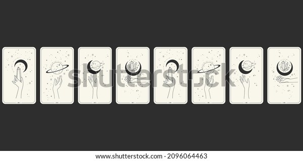 Modern tarot cards border
repeat with moon and planets illustrations. Vector illustration
surface design for yoga, spiritual, coaches, tarot and universe
lovers.