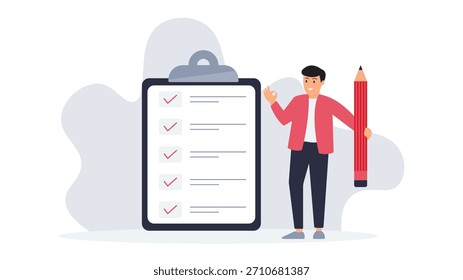 Moderne Aufgabenmanagement-Illustration, die einen Mann mit einem Bleistift neben einer großen Checklisten-Zwischenablage zeigt, die die Verfolgung des Arbeitsablaufs in der Produktivitätsplanung und die effiziente Arbeitsverwaltung symbolisiert