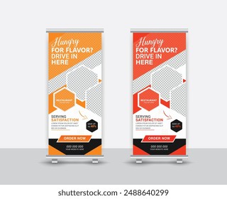 Modern tasty and Delicious food roll-up banner template design. 