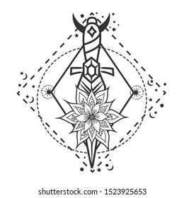 Modern tattoo flash flower with knife. Traditional art festival poster. Music related sign. Vector illustration isolated. Tattoo design symbol for your use.