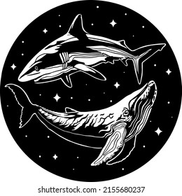 Modern tattoo shark and whale swimming in the night sky with stars. Pisces zodiac sign. Vector hand drawn illustration. Marine mammals animals white whale and shark. Vinyl Cutting and Printing File