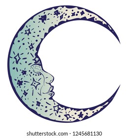 Modern tattoo of sleeping crescent moon design on white.