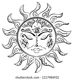 Modern tattoo of sleeping sun design on white.