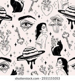 Modern Tattoo Style Seamless Pattern with Women, Flowers, Eyes, Mushrooms, Keys, Planets, and Black Cats. Vector background