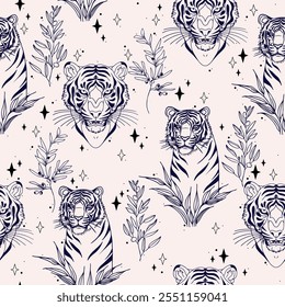 Modern Tattoo Style Seamless Pattern with Tigers and Plants. Hand-Drawn Vector background