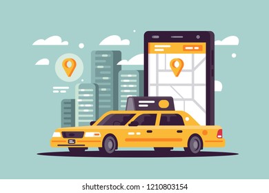 Modern taxi call using smartphone and online application. Concept app for transportation of people, internet, web, new urban technology. Vector illustration.