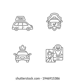 Modern Taxi Service Linear Icons Set. Safe Ride. Long Distance Trips. Premier Cars . Luxury Car Rental. Customizable Thin Line Contour Symbols. Isolated Vector Outline Illustrations. Editable Stroke