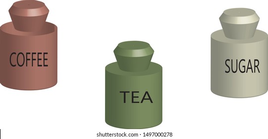 Modern Tea, Coffee And Sugar Bowl. Containers With Coffee, Sugar And Tea