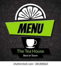 Modern Tea House or Cafe Menu Card Design template. Dark vector background with hand drawn pattern, cup and slice of lemon
