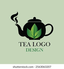 Modern Tea Logo Design with Green Leaf and Black Teapot Icon  