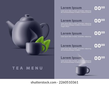 Modern tea menu for restaurants and cafes. Black ceramic teapot with cups and green leaves on a dark background. A place to list tea with prices. Asian tea.