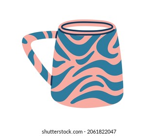 Modern tea mug with abstract pattern. Ceramic coffee cup with handle. Cute teacup. Stylish trendy drink crockery in doodle style. Flat vector illustration isolated on white background