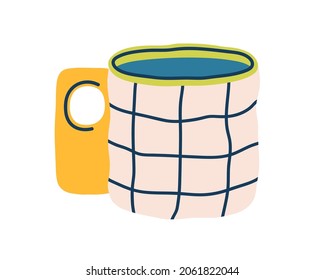 Modern tea mug with chequered pattern. Ceramic coffee cup with unusual handle. Cute teacup with decor. Stylish drink crockery in doodle style. Flat vector illustration isolated on white background