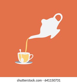 modern tea service & simple set. teapot & glass cup of hot tea vector cartoon clean isolated with a spoon on a Saucer. pouring herbal tea flat design style on orange background
