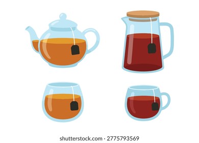 Modern Tea Time and Beverage Set Vector Illustration. Glass Teapot, Pitcher, and Cups with Tea Bags