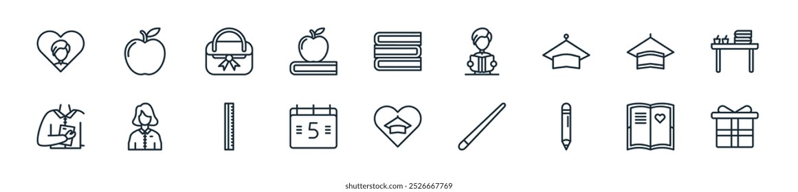 modern teacher day icon pack. perfect for linear ui designs featuring vector gift box, book, pencil, stick, graduation event, date, ruler and more icons for mobile and web apps.