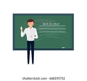 Modern teaching and education system. Teacher, professor standing in front of blank school blackboard in classroom. School male teacher near blackboard. Vector illustration, people in cartoon style.