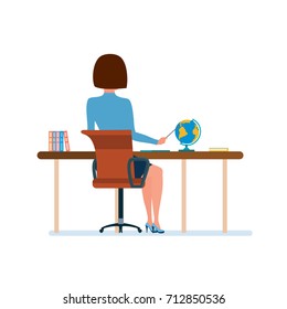 Modern teaching and education system. Teacher at her desk, working at laptop with documents and checking work. Teaching on lesson in classroom. Rear view in office. Illustration in cartoon style.