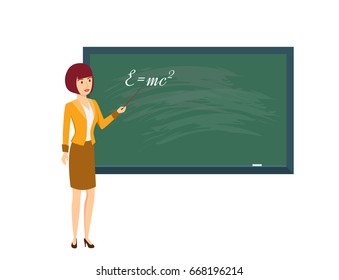 Modern teaching and education system. Woman in physics class, with pointer in hand, near board in classroom. Teacher explains material and points to board. Illustration, people in cartoon style.