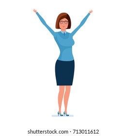 Modern teaching and education system. Young teacher character person holding her hands up, rejoices, showing her emotions. Teaching on lesson in classroom. Vector illustration in cartoon style.