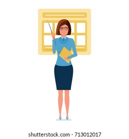 Modern teaching and education system. Young teacher character person in strict work clothes, stands near an information stand with pointer in her hand and winks an eye. Illustration in cartoon style.