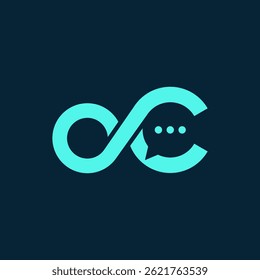 Símbolo moderno Teal Infinity com C abstrato e logotipo da bolha de fala