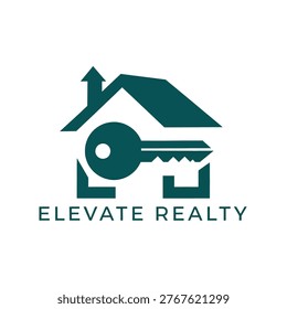 A modern teal logo for Elevate Realty, combining a house silhouette with a key, symbolizing home ownership and real estate services.